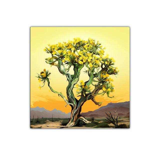 Árbol con flores amarillas en paisaje desértico al atardecer