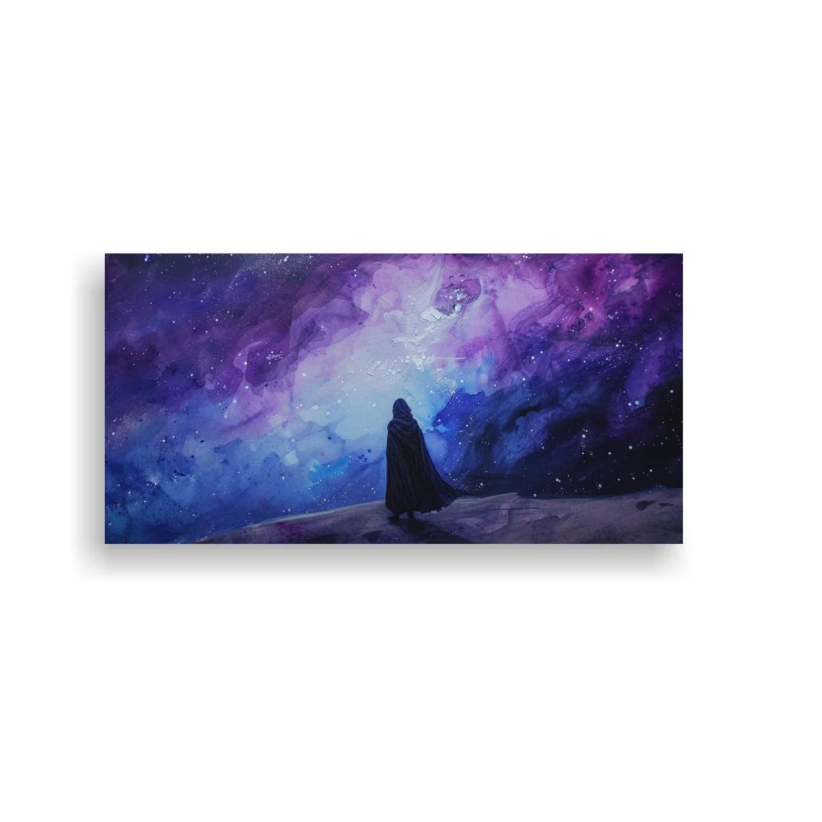 Cuadro figura encapuchada bajo una galaxia panorámica