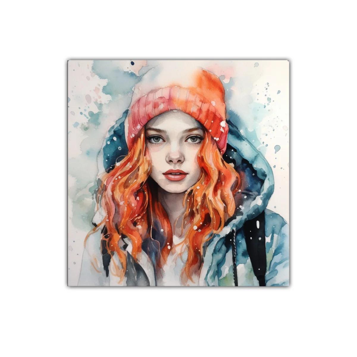 Retrato femenino con gorro y chaqueta en tonos fríos y cálidos — imagen principal