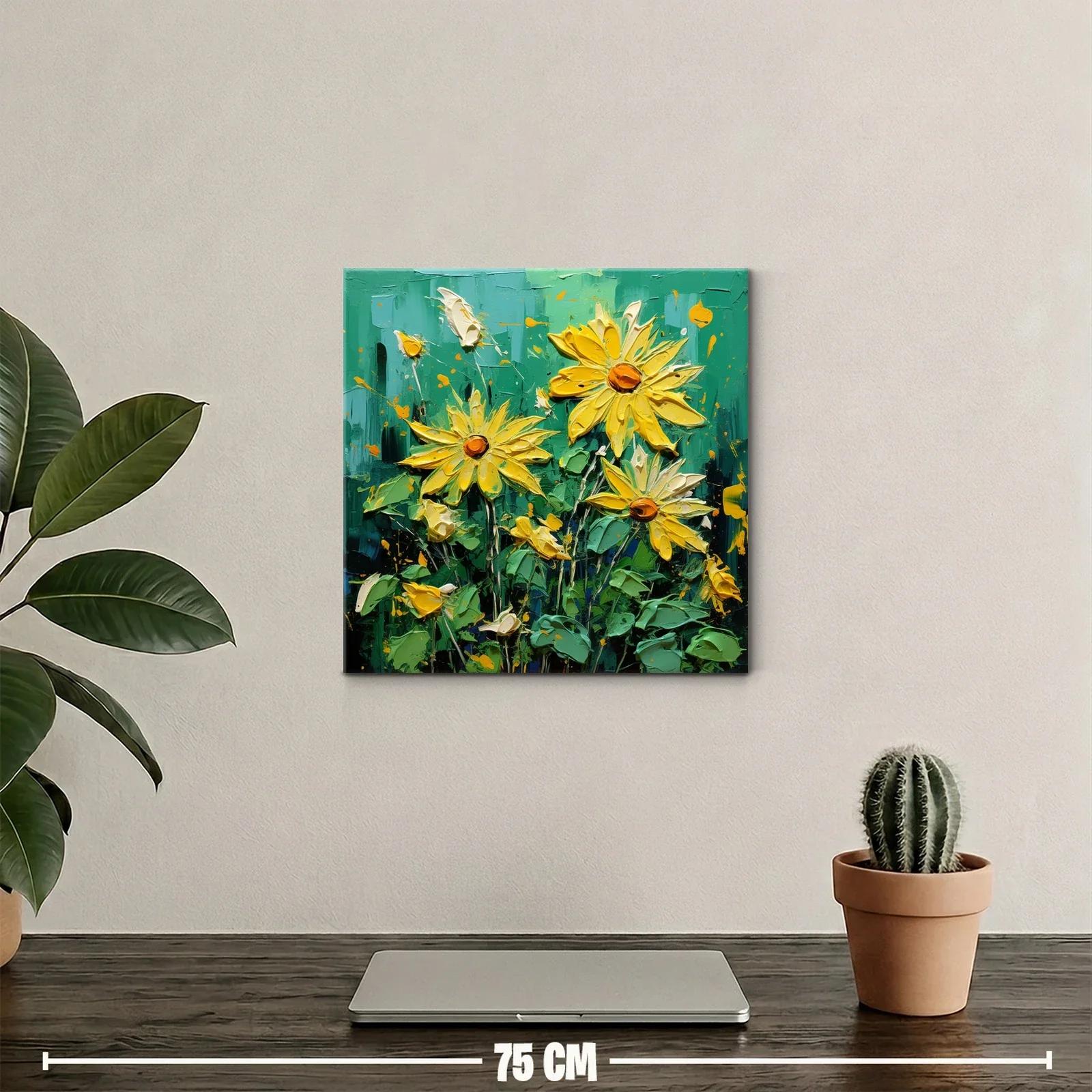Cuadro vibrante con flores amarillas sobre fondo verde intenso — miniatura 2