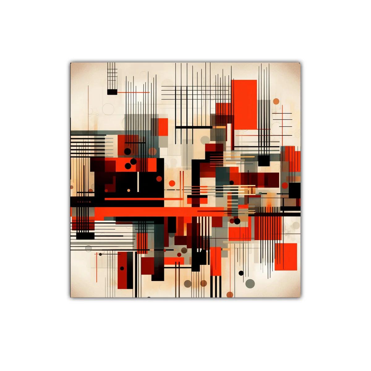 Composición abstracta con líneas y formas geométricas en rojo y negro