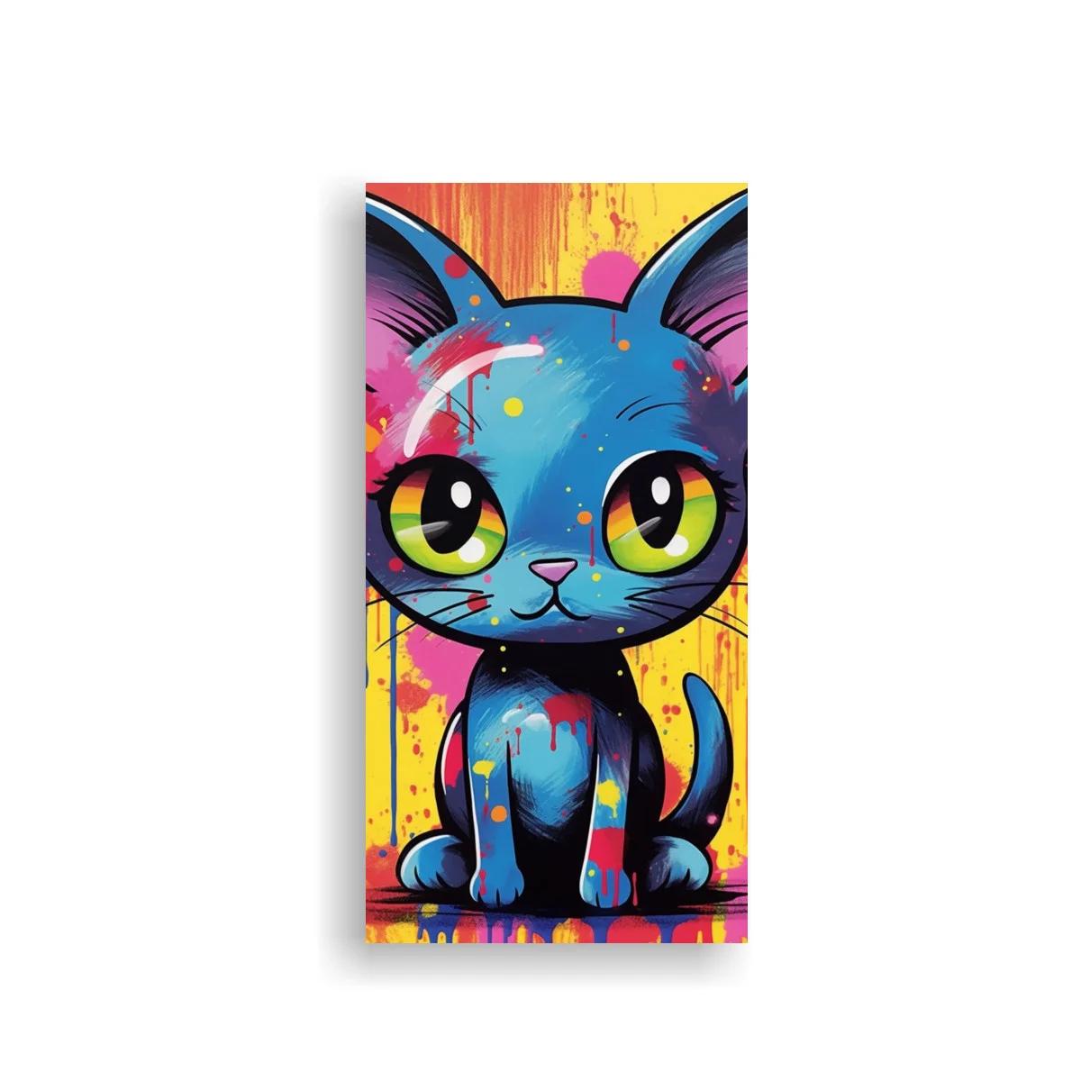 Cuadro gato azul de ojos grandes con salpicaduras de color