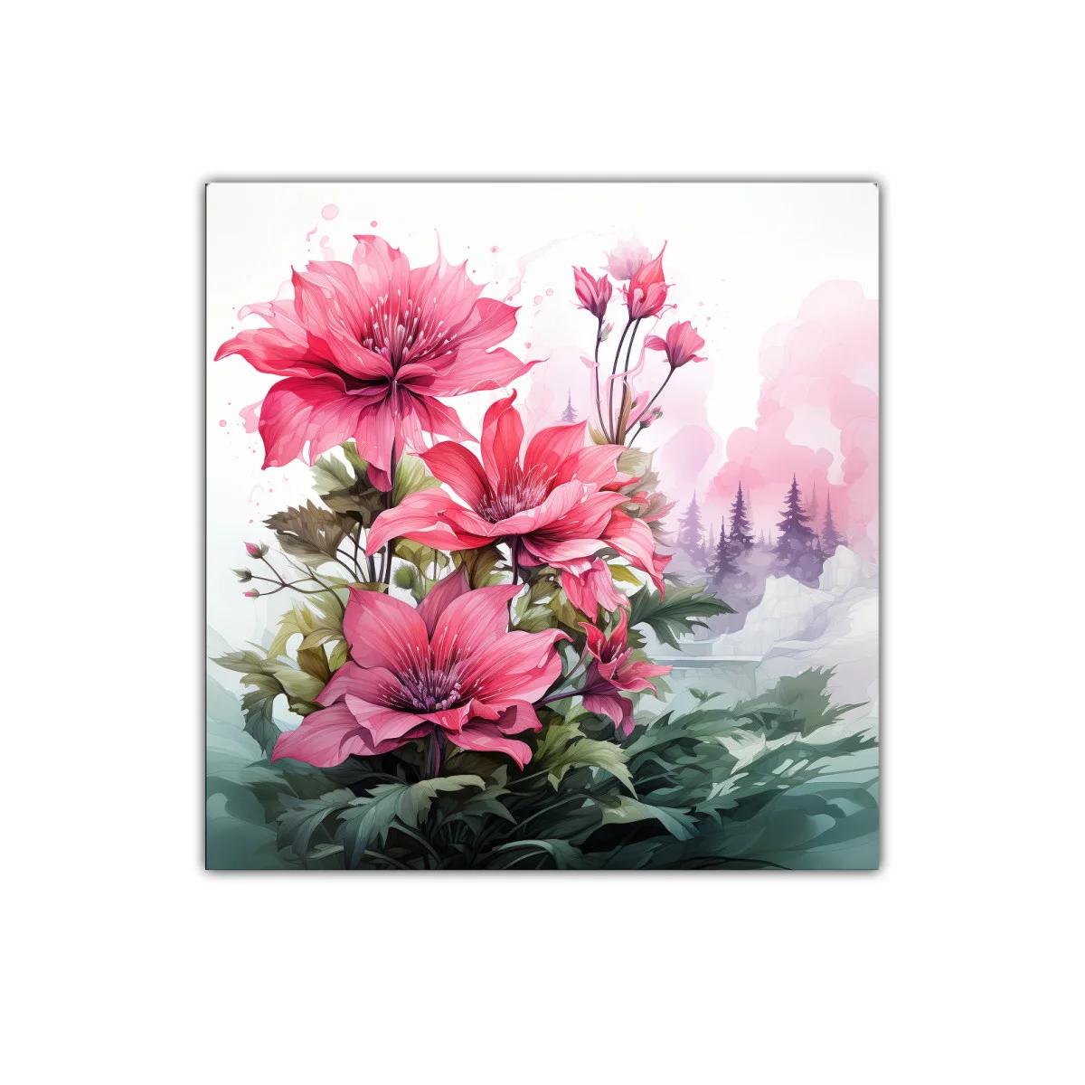 Cuadro floral con vibrantes flores rosas y fondo nebuloso
