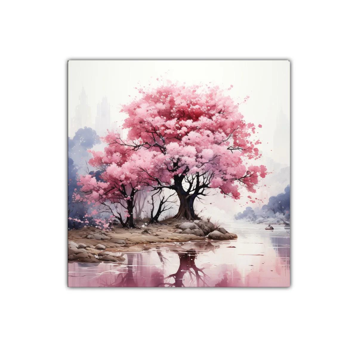 Paisaje sereno con árboles en flor y reflejo en agua — imagen principal