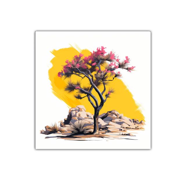 Árbol floreciente con fondo amarillo vibrante