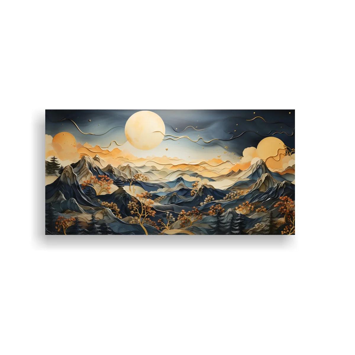 Cuadro paisaje de montañas con luna llena y otra esfera luminosa