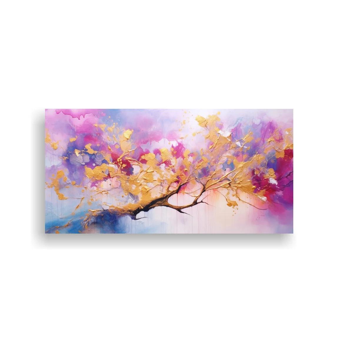 Cuadro rama de árbol en flor con tonos lila y dorado