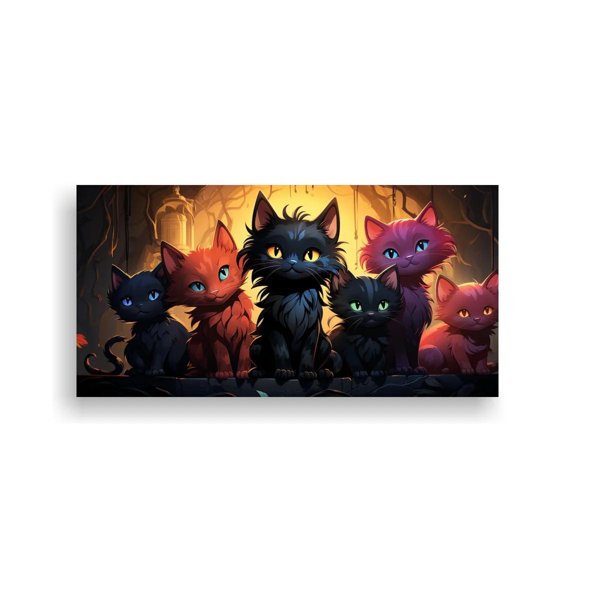 Cuadro grupo de gatos alineados con gato negro destacado