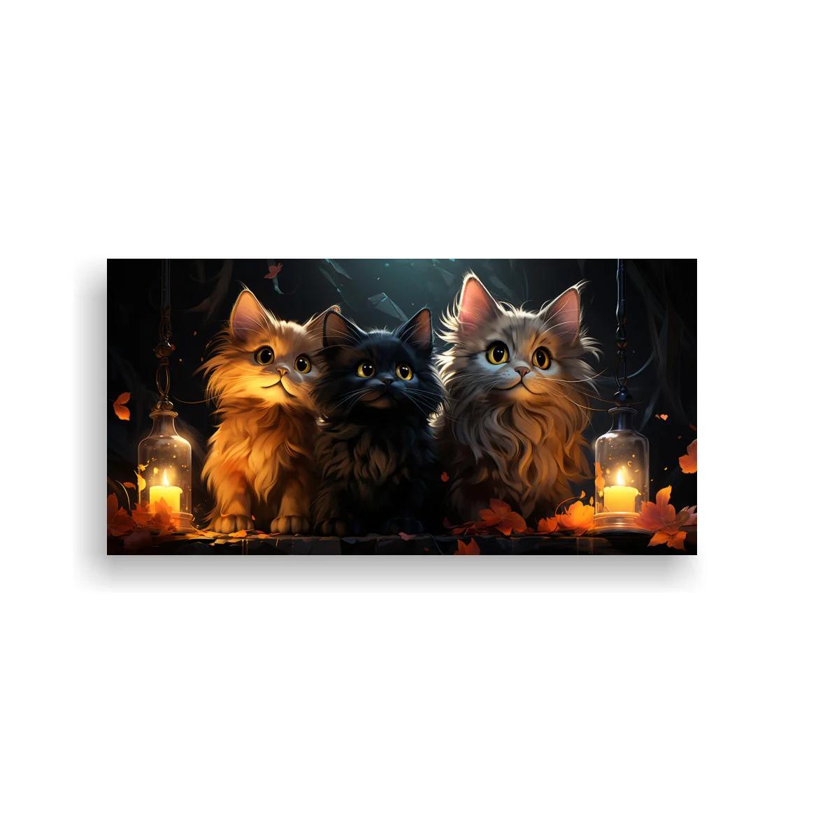 Cuadro tres gatos de pelo largo con faroles y velas