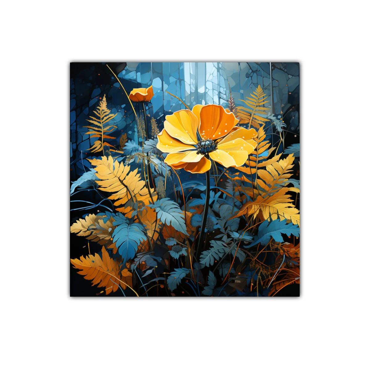 Flores vibrantes en tonos azul y amarillo dorado — imagen principal