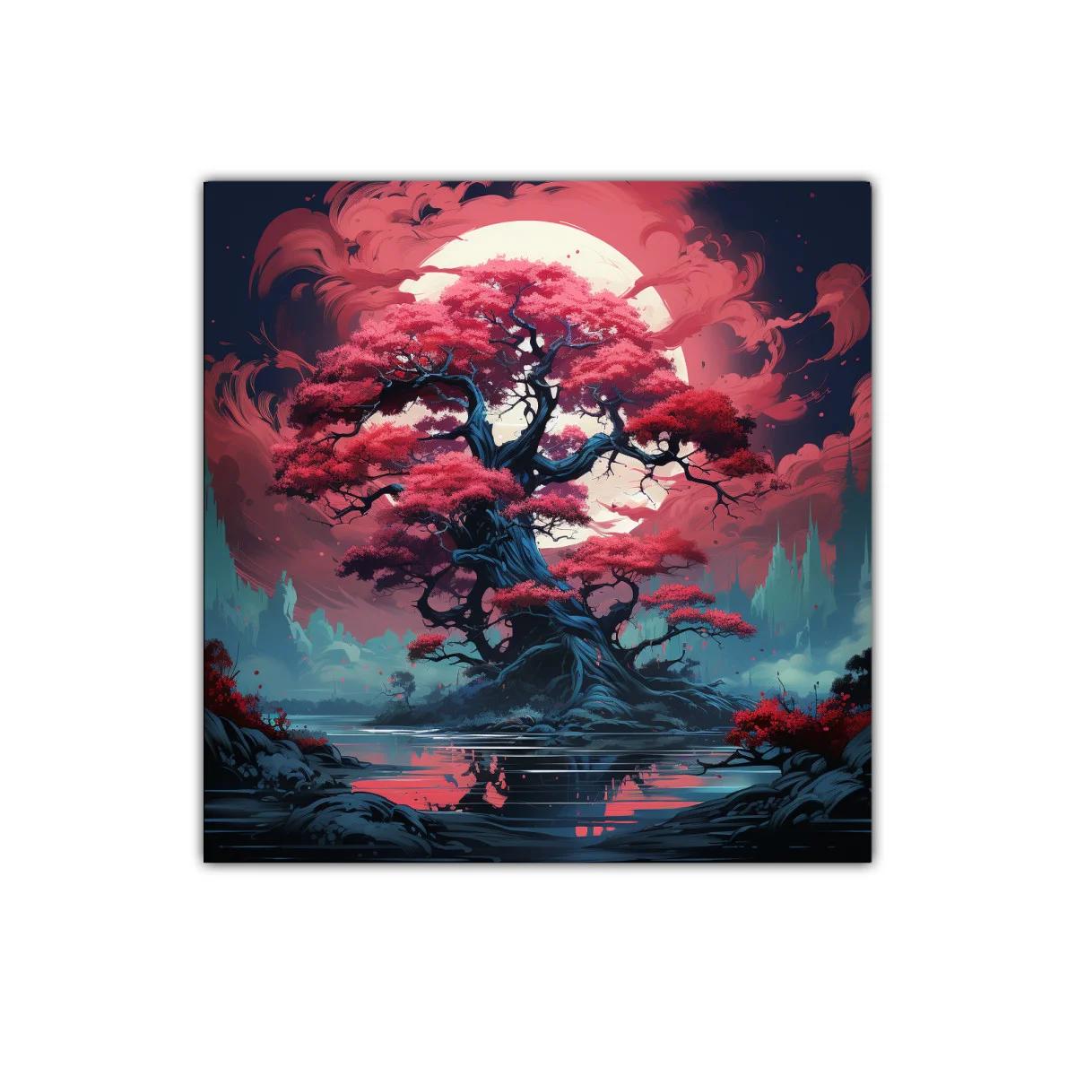 Árbol mágico con hojas rojas bajo luna llena brillante