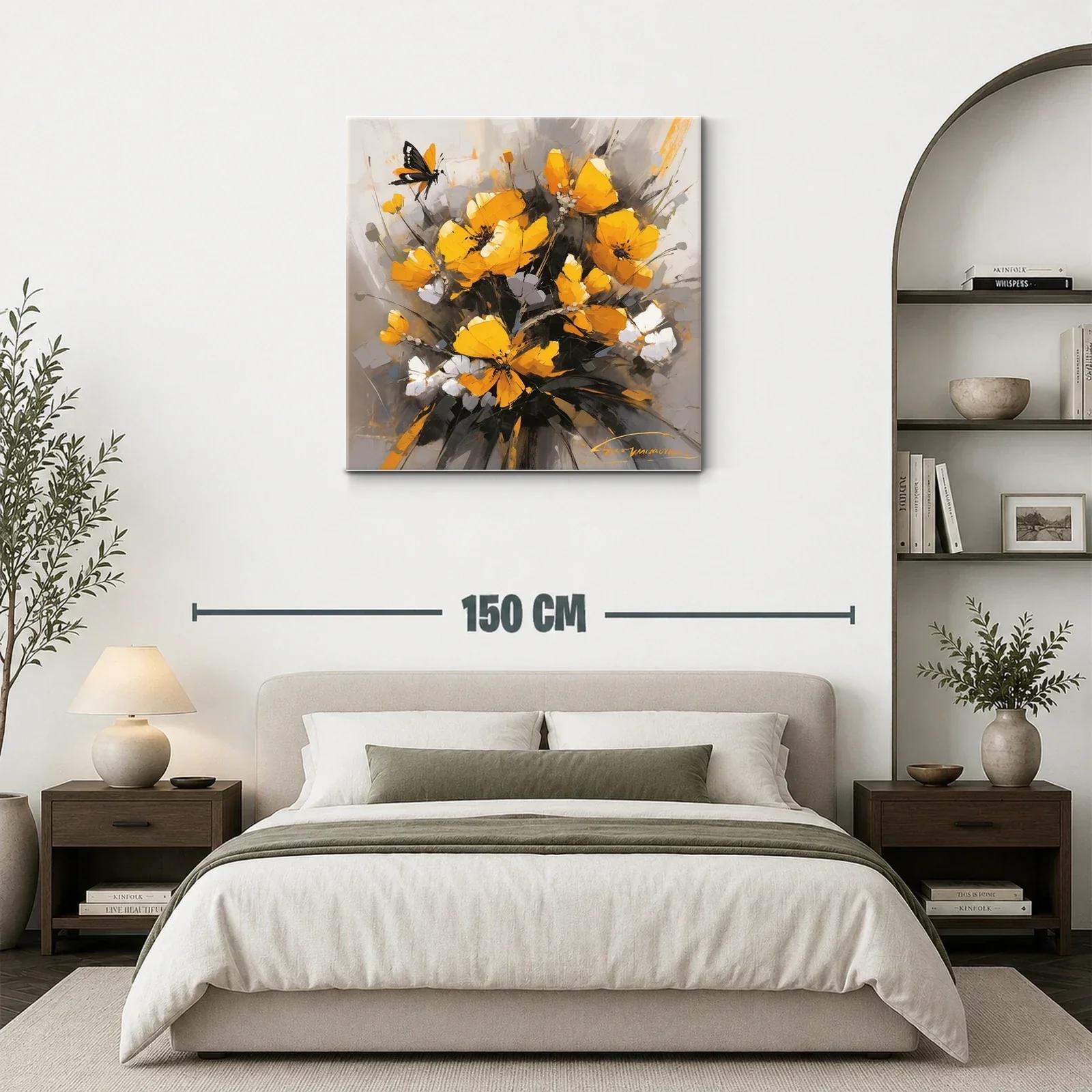 Cuadro floral con mariposas en tonos amarillos y grises — miniatura 3