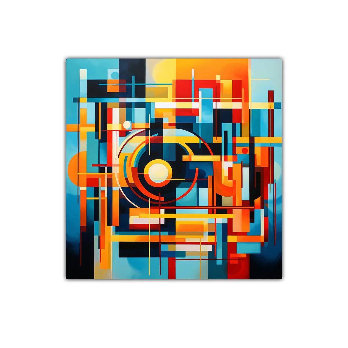 Composición geométrica en tonos cálidos y azules vibrantes