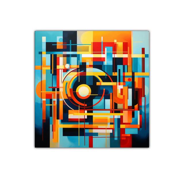 Composición geométrica en tonos cálidos y azules vibrantes
