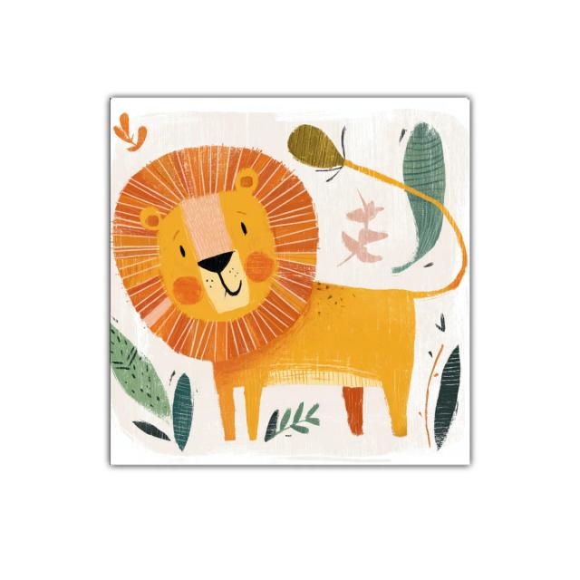 Cuadro infantil con alegre león y hojas decorativas