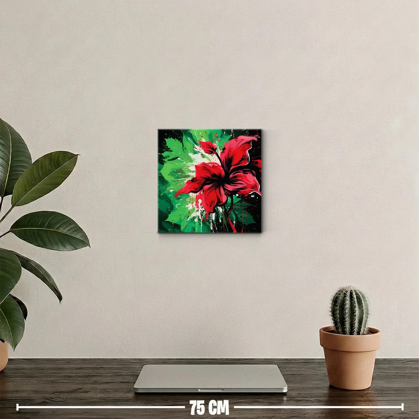 Cuadro decorativo con flor roja sobre fondo verde y negro vibrante — miniatura 2