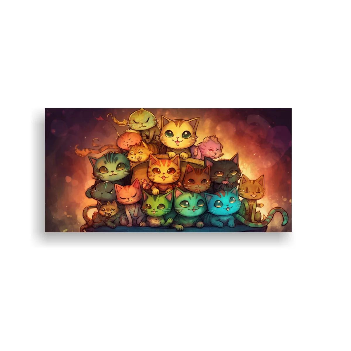 Cuadro grupo de gatos de colores con brillo cálido