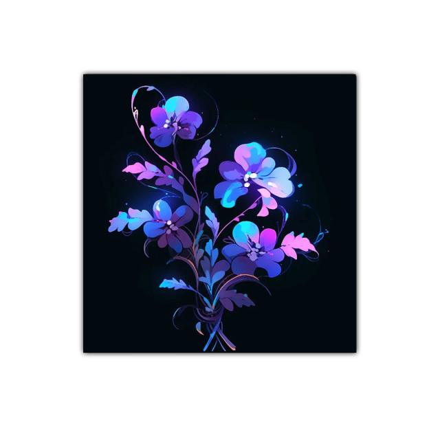 Ramo de flores en tonos violetas y azules sobre fondo oscuro