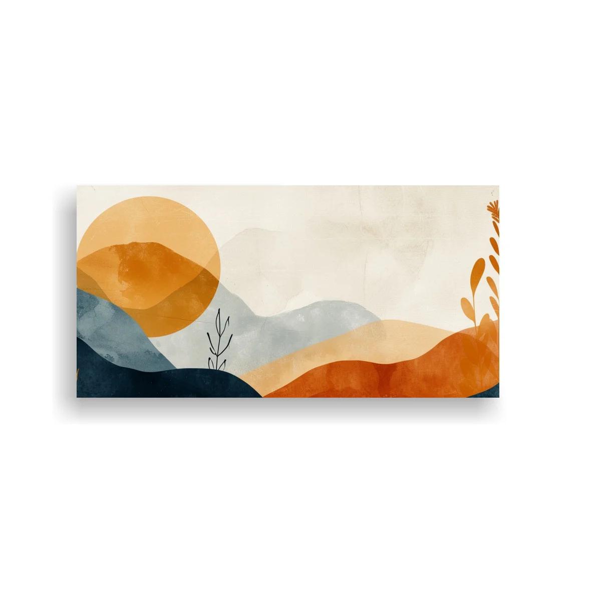 Cuadro paisaje de colinas con sol y ramas de hojas