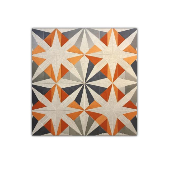 Cuadro geométrico con estrellas naranjas y grises vibrantes