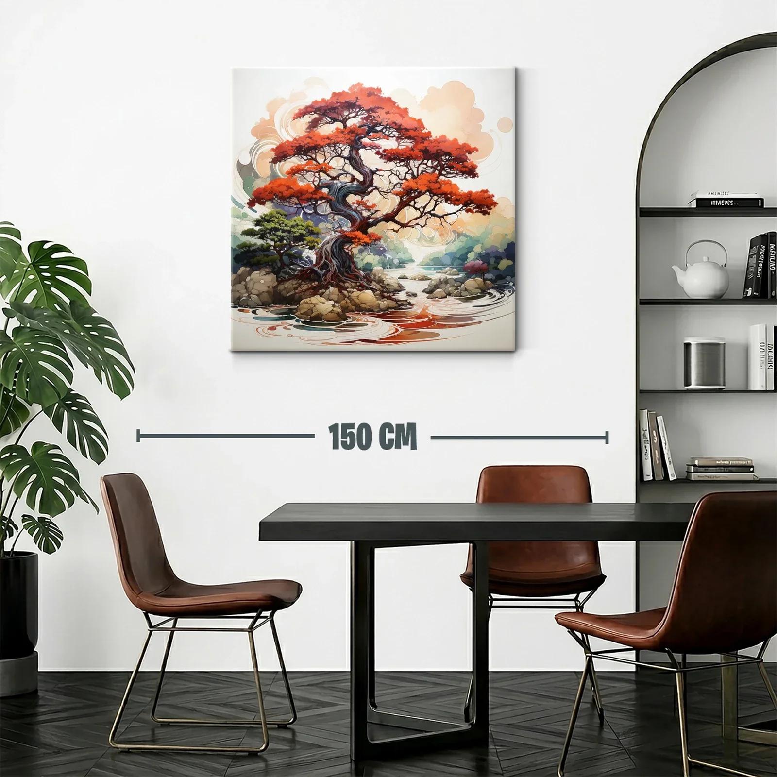 Árbol rojo sobre río con rocas y paisaje sereno — miniatura 2