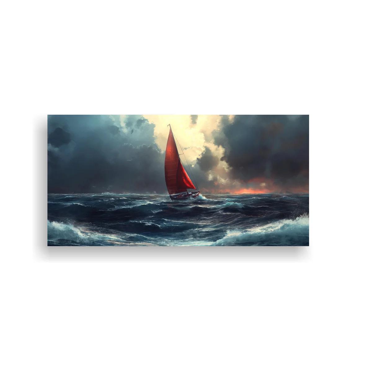 Cuadro velero de vela roja entre olas altas — imagen principal