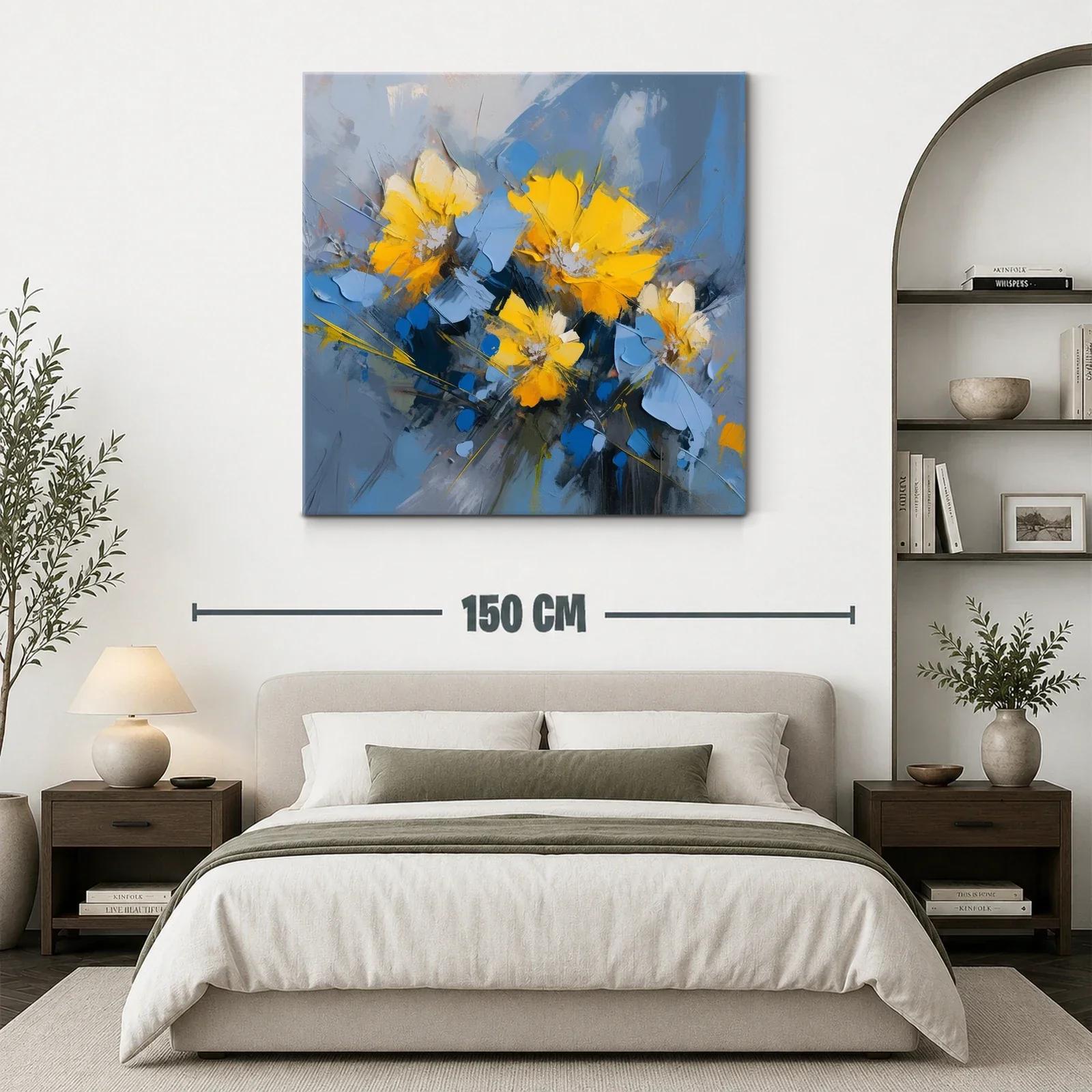 Cuadro floral abstracto con vibrantes tonos azules y amarillos — miniatura 3