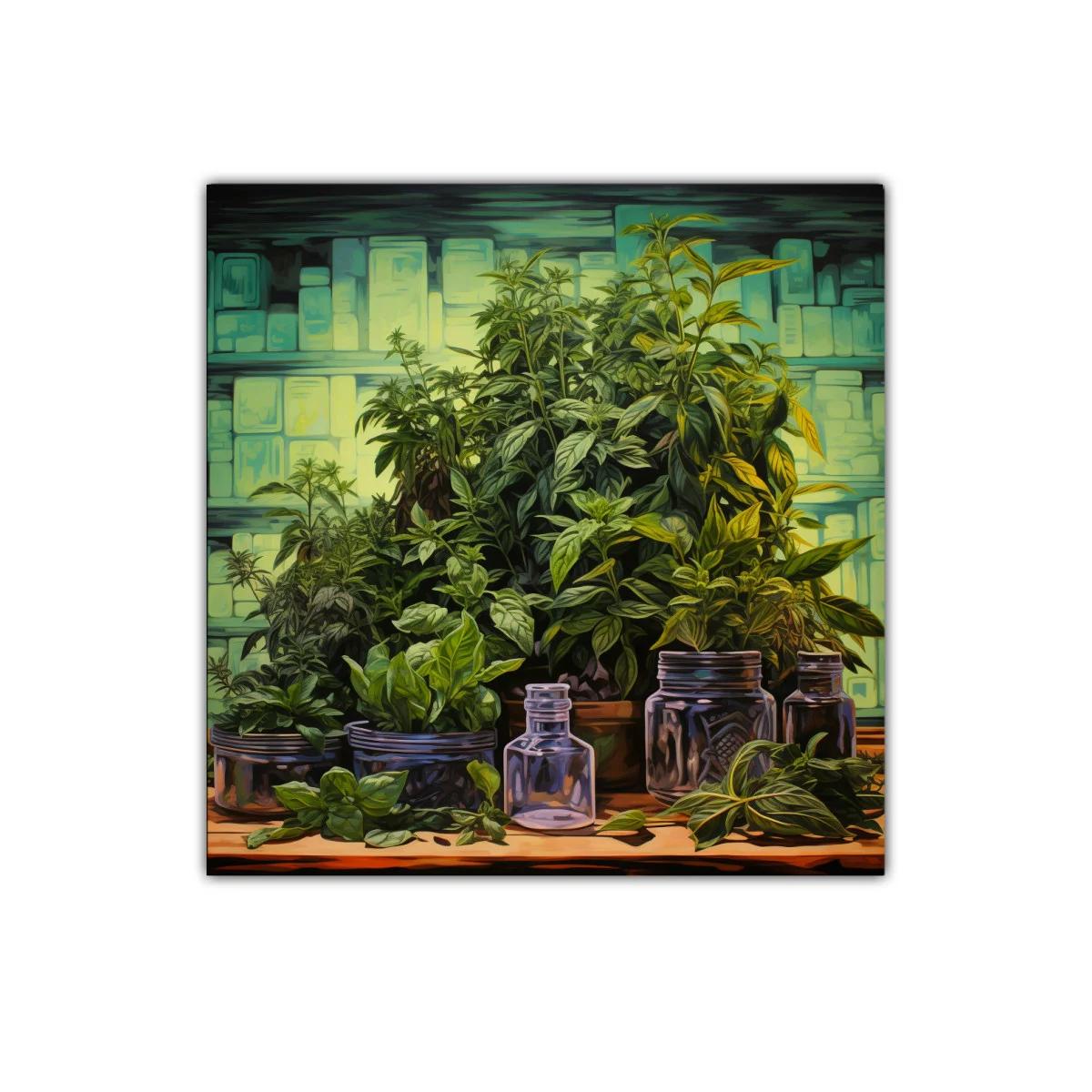 Cuadro decorativo con plantas y frascos de cristal sobre mesa