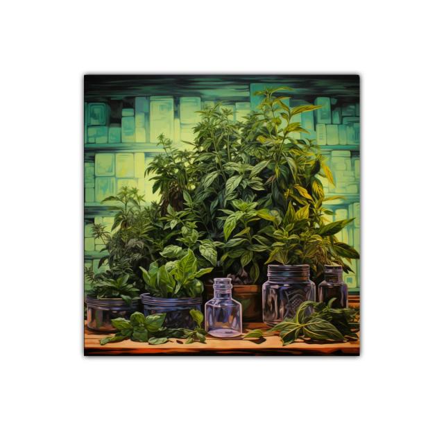 Cuadro decorativo con plantas y frascos de cristal sobre mesa
