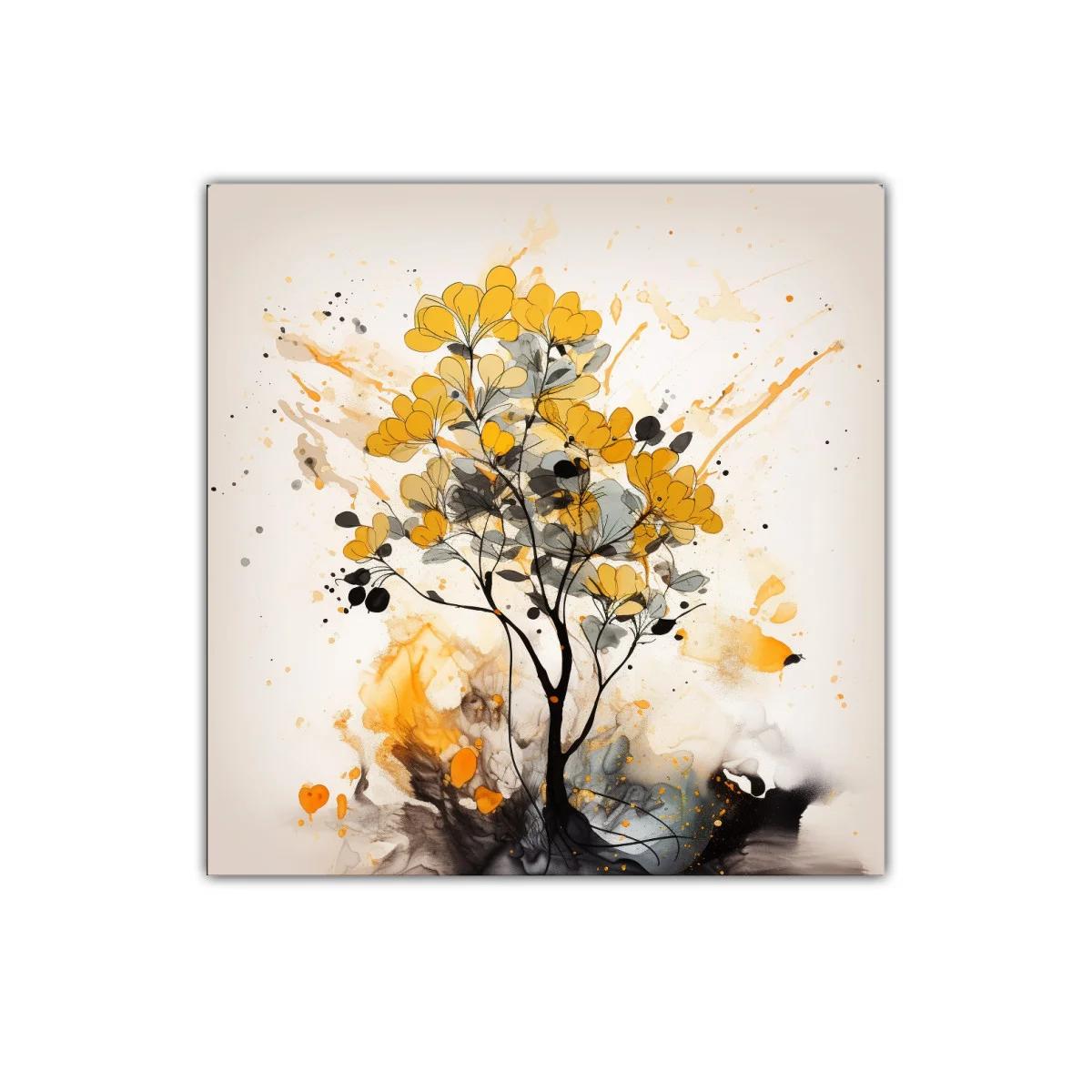 Cuadro decorativo con árbol floral en tonos ocres y grises — imagen principal