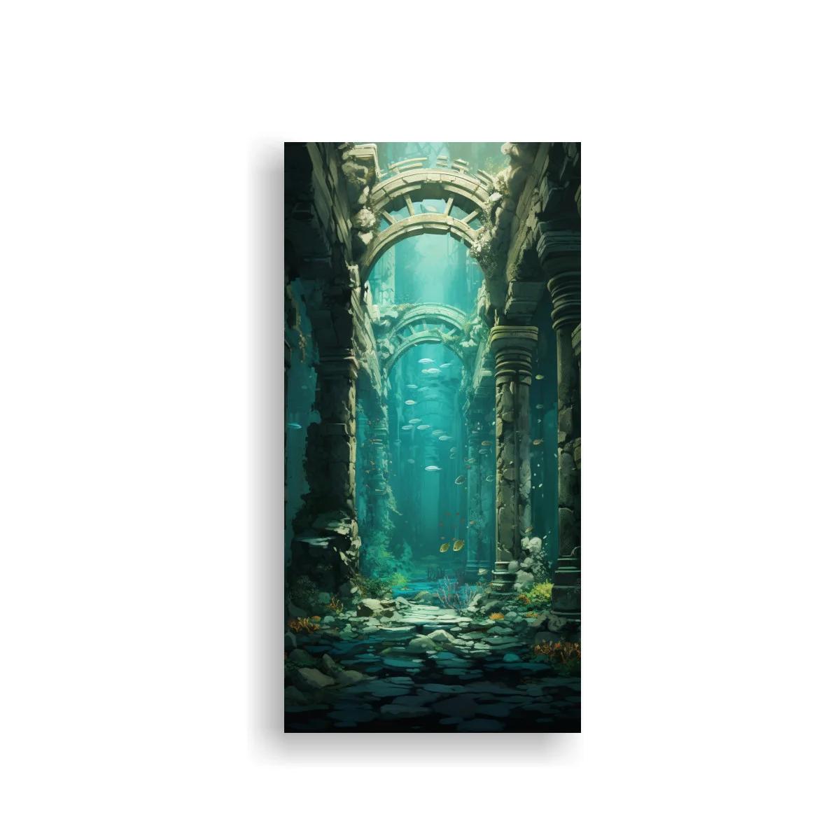 Cuadro ruinas submarinas de un templo con luz azulada