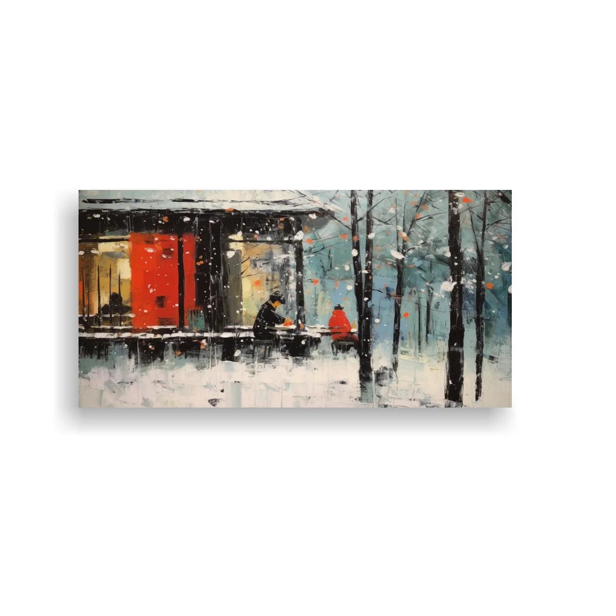 Cuadro casa nevada con panel rojo