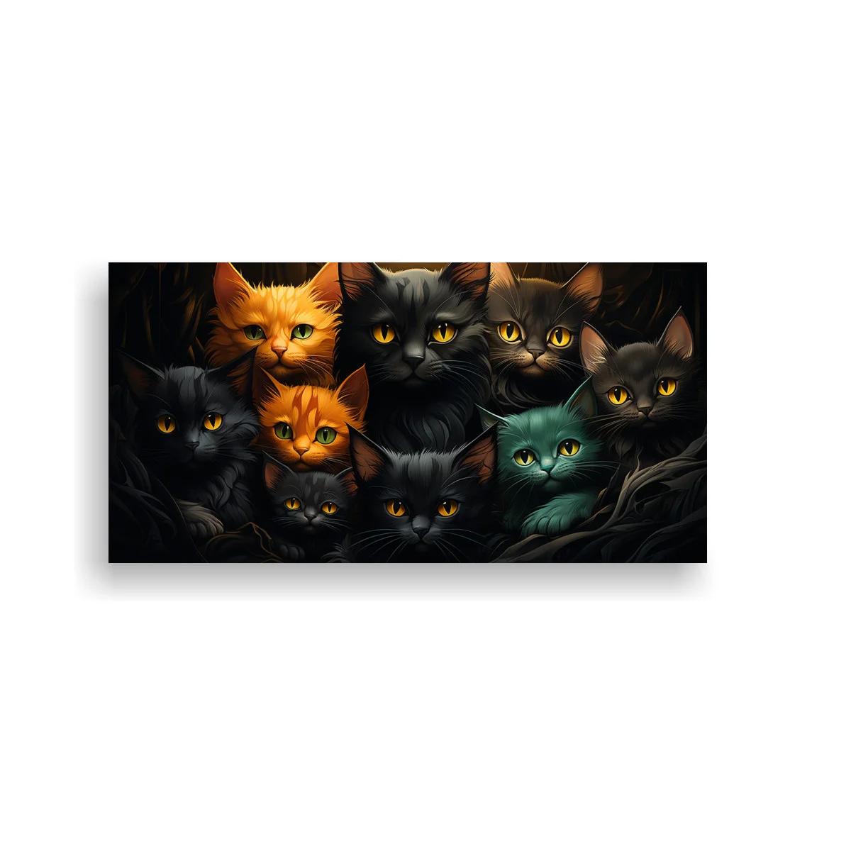 Cuadro grupo de gatos negros y naranjas con miradas iluminadas