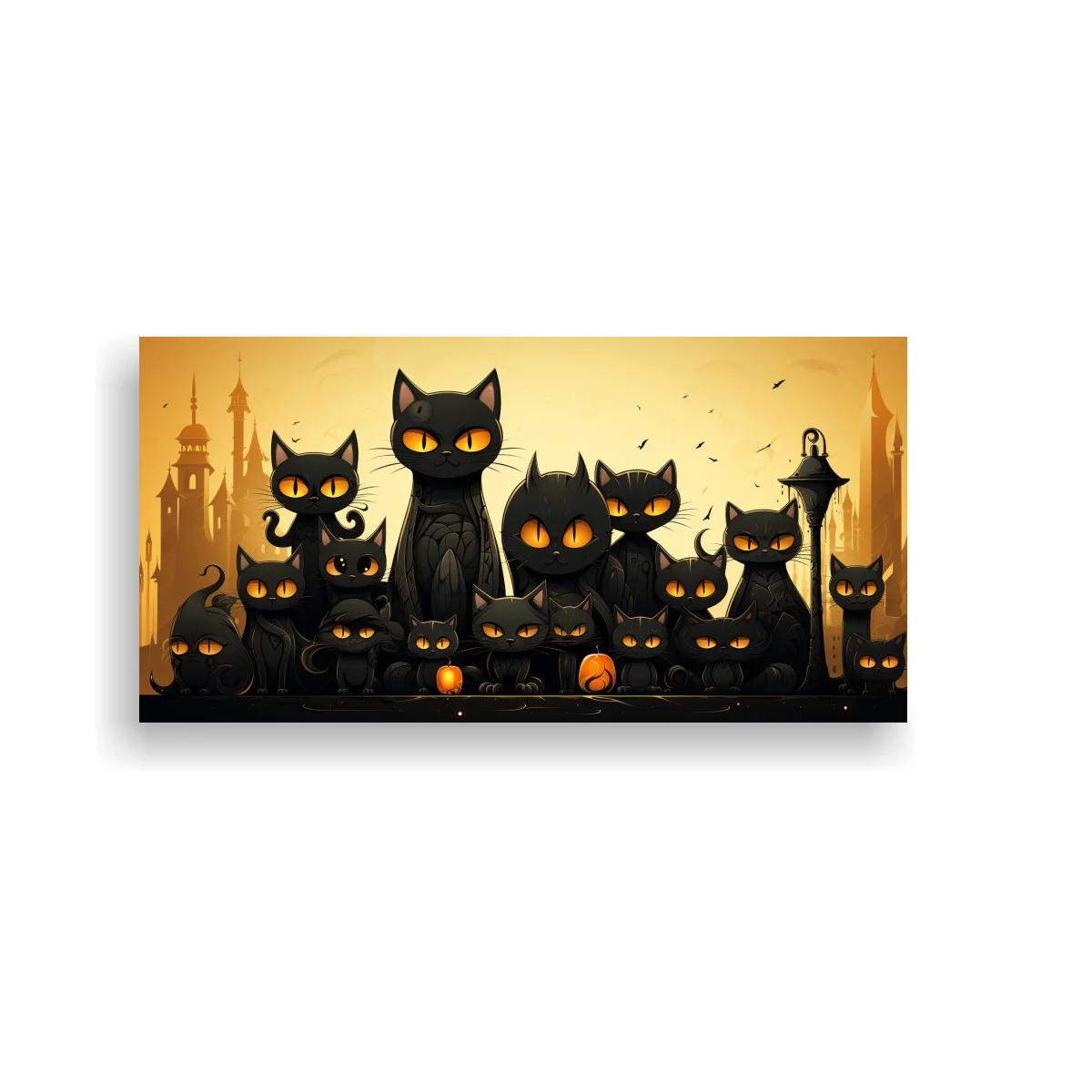 Cuadro grupo de gatos negros con farol y calabazas