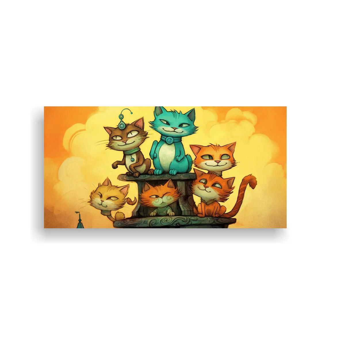 Cuadro grupo de gatos caricaturescos sobre pedestal con cielo cálido