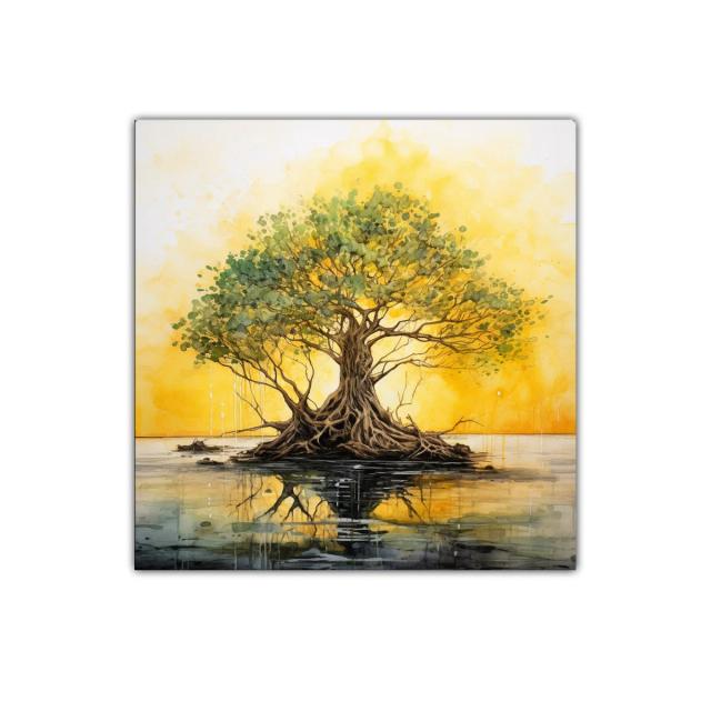 Árbol reflejado en agua con tonos dorados y verdes