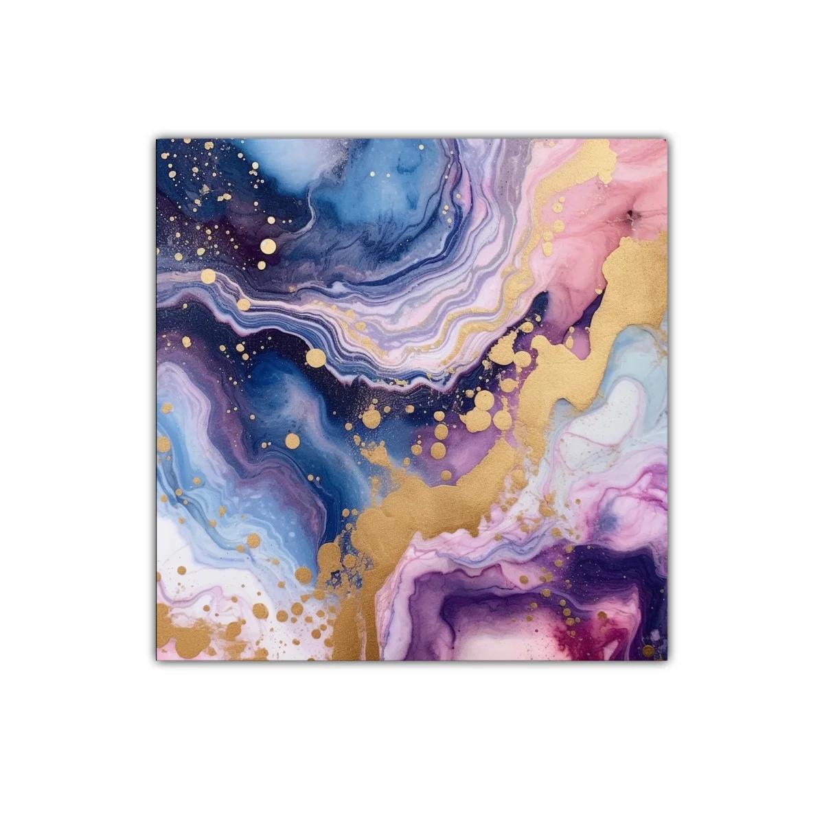 Cuadro abstracto con tonos azul, rosa y dorado brillante