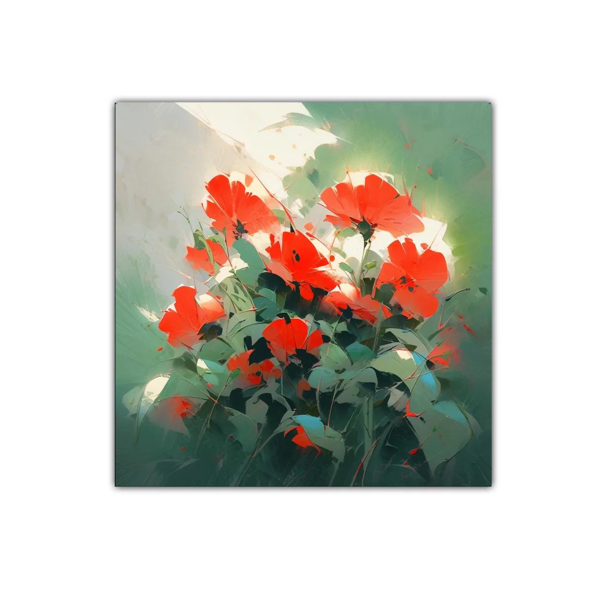 Cuadro flores rojas vibrantes entre follaje verde