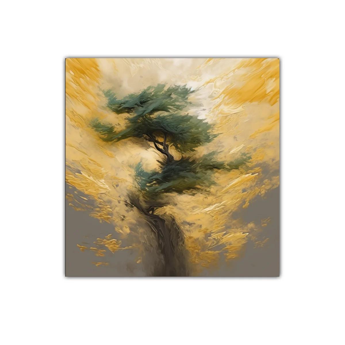 Árbol en tonos dorados con atmósfera etérea y vibrante