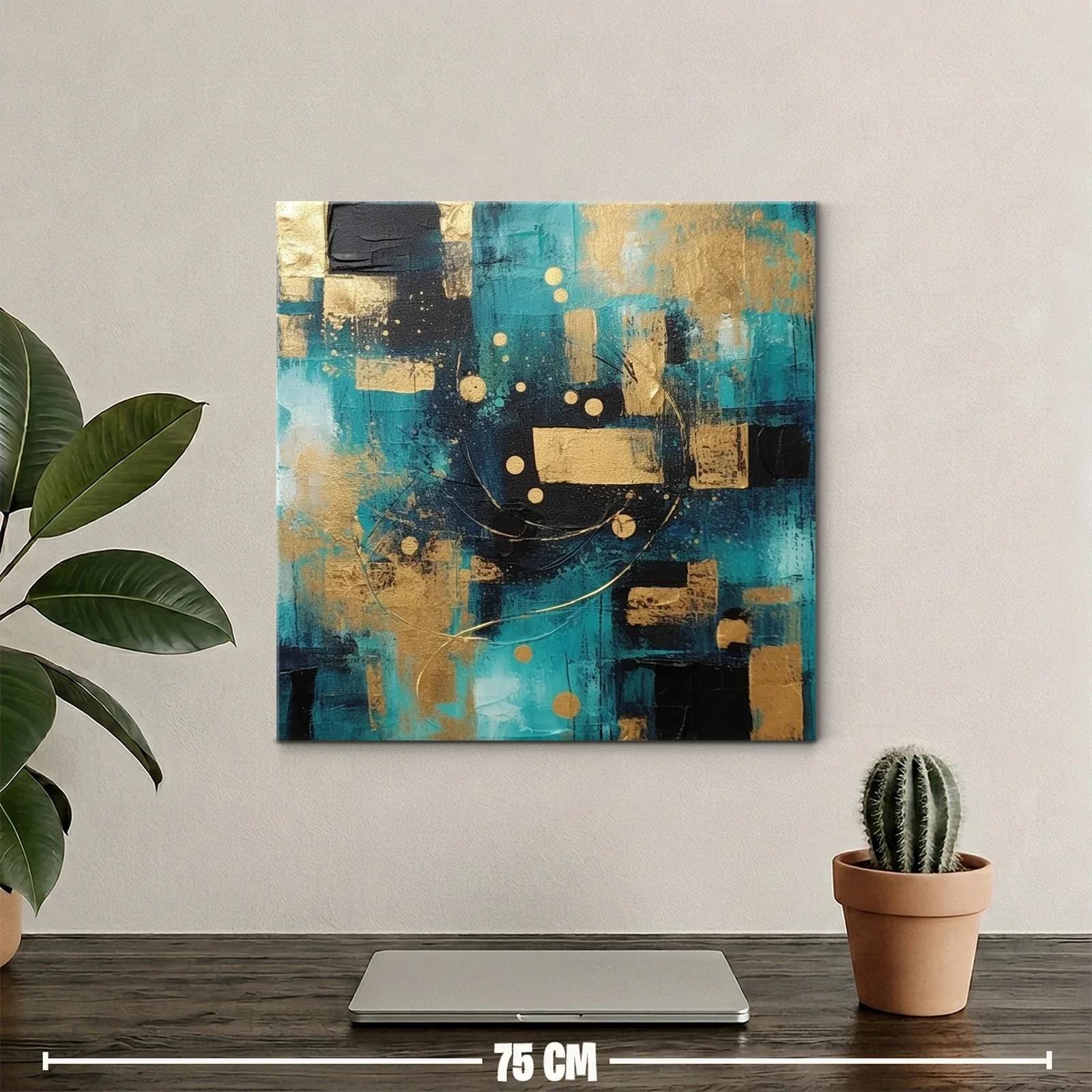 Cuadro abstracto con tonos azul turquesa y dorado — miniatura 2