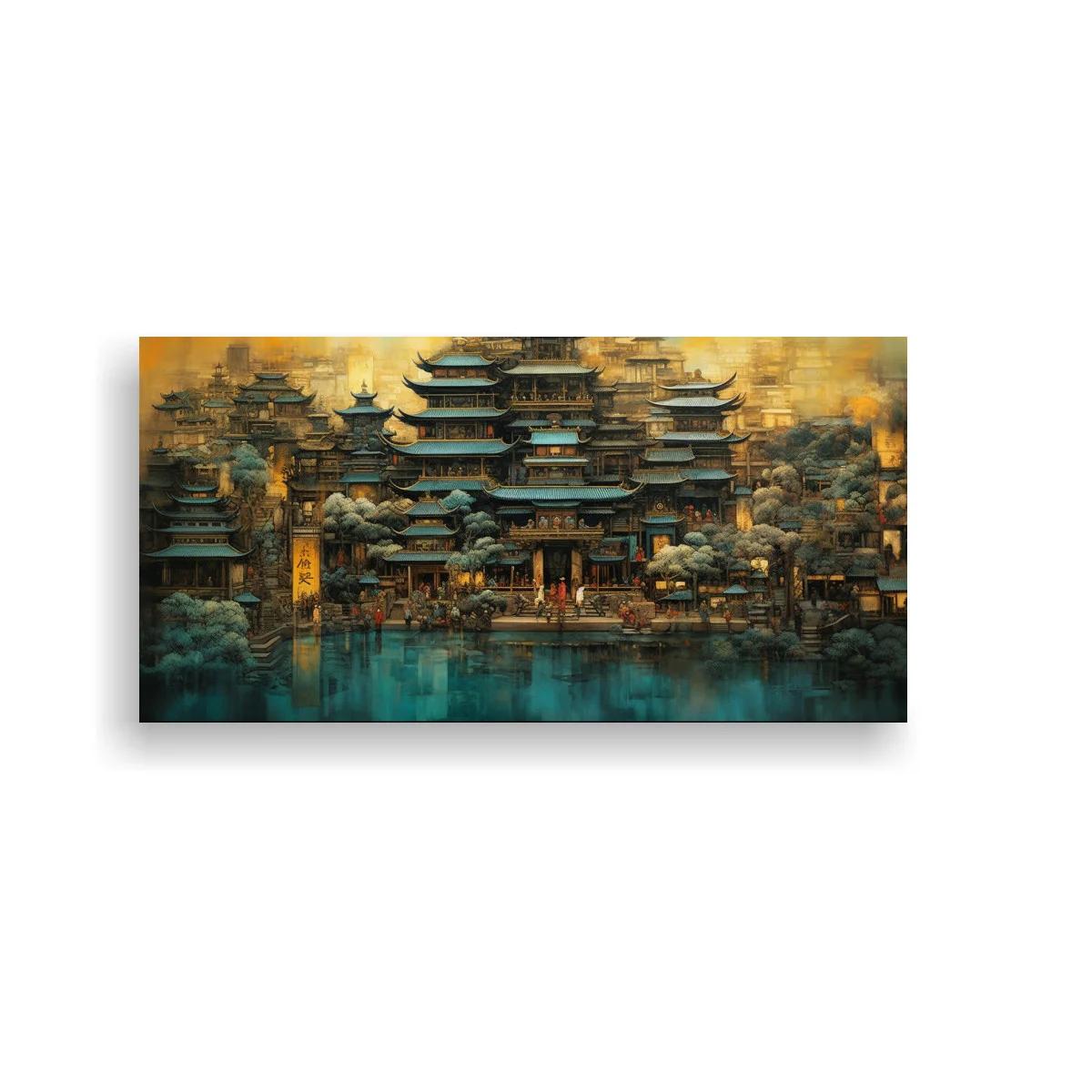 Cuadro ciudad de pagodas asiáticas con luz cálida y agua