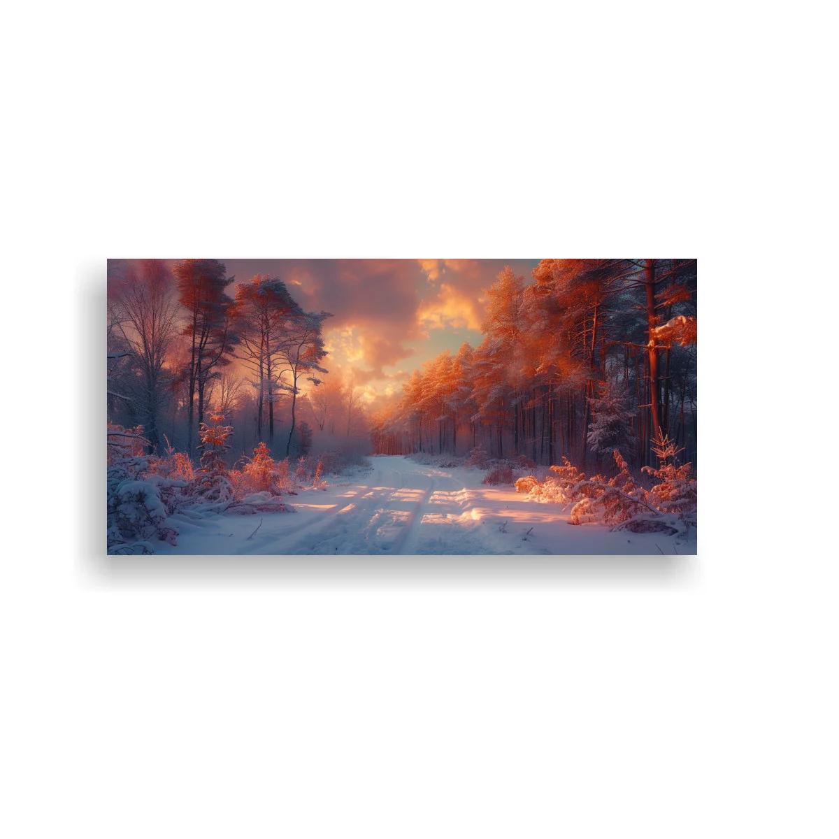 Cuadro camino nevado en un bosque con claro luminoso