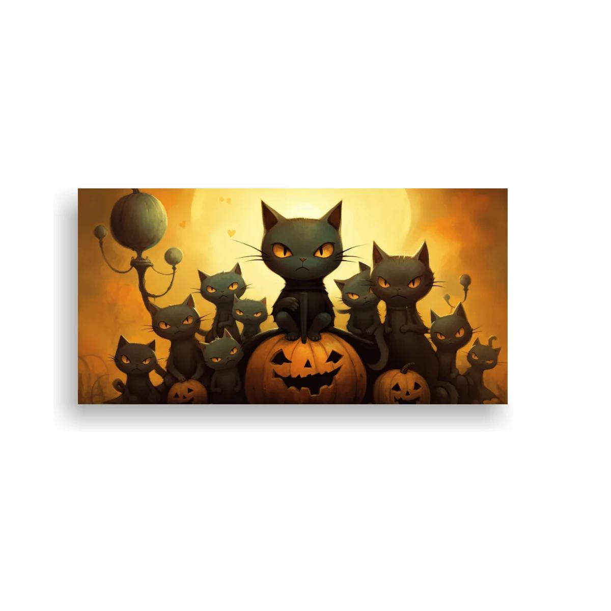 Cuadro gatos negros con calabazas de Halloween