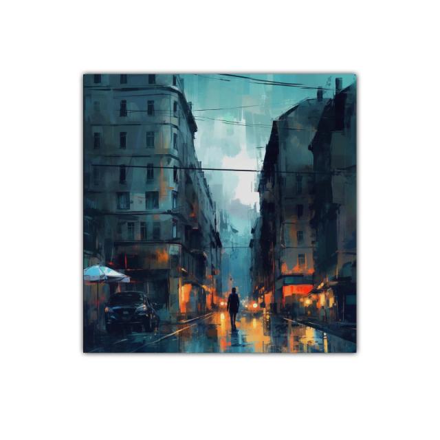 Atardecer urbano con reflejos y silueta solitaria