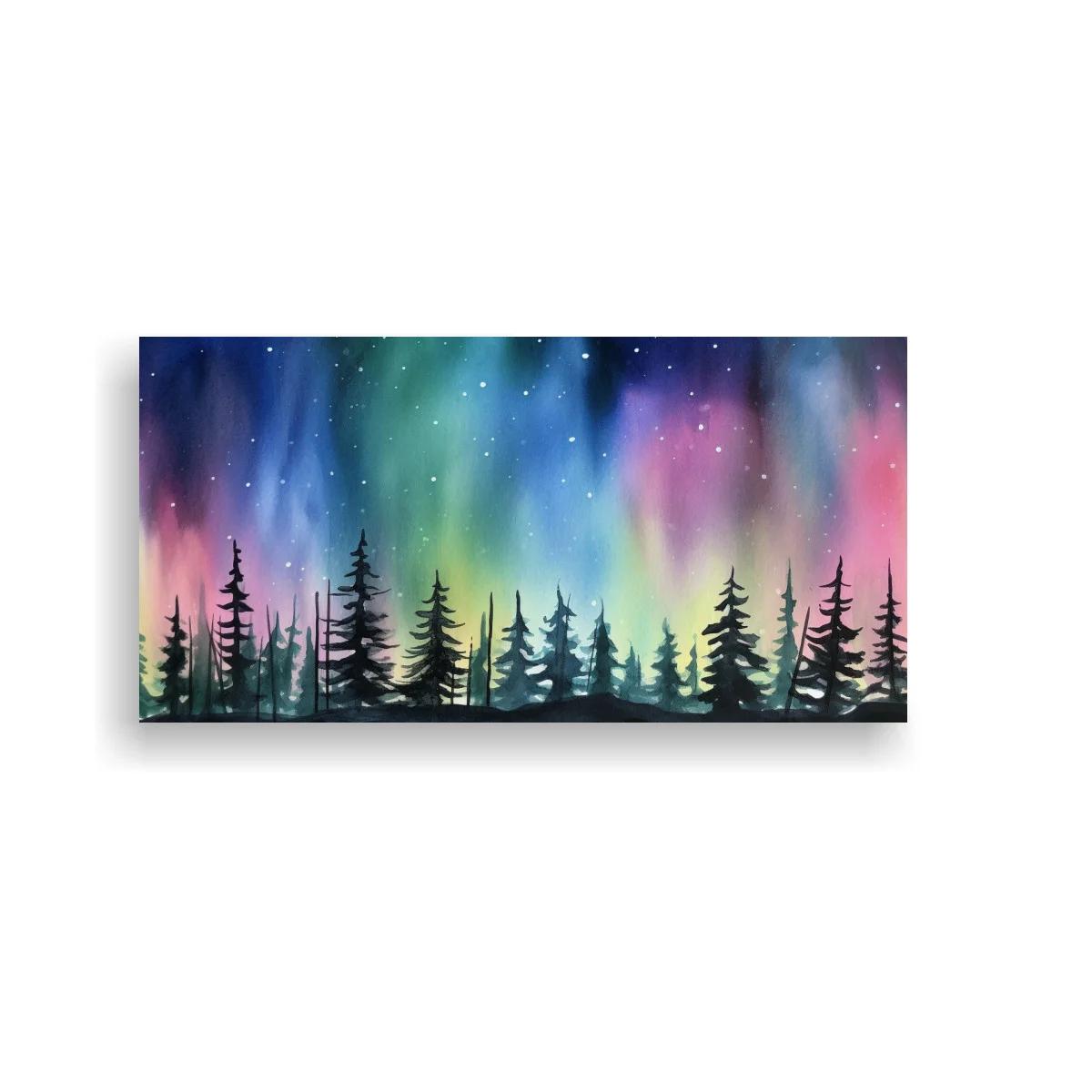 Cuadro aurora boreal sobre bosque de pinos con cielo luminoso