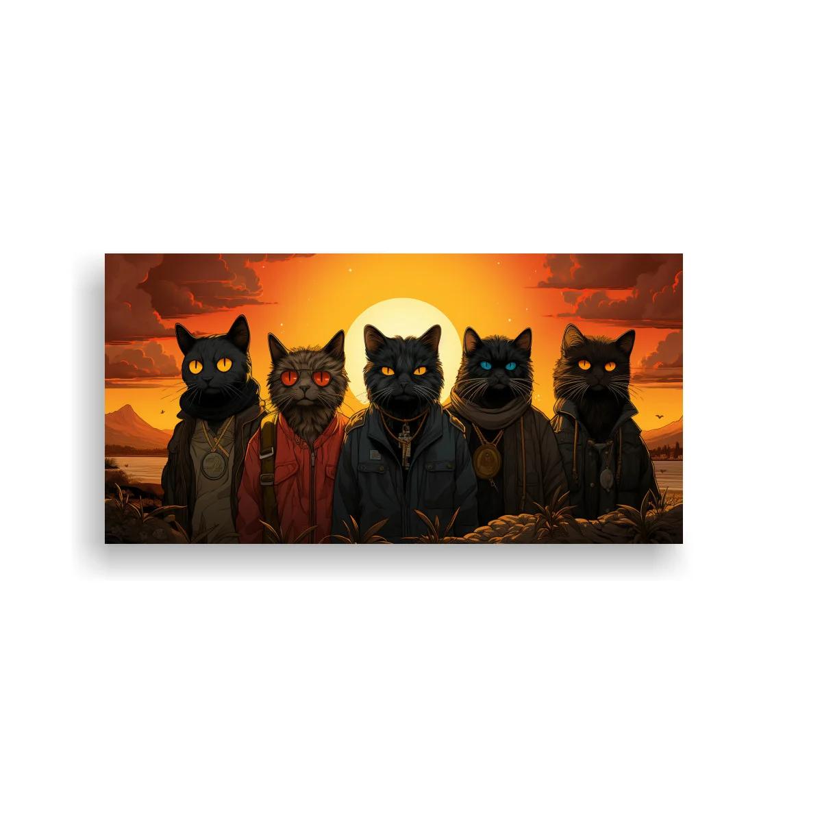 Cuadro cinco gatos negros con medallones y atardecer dorado