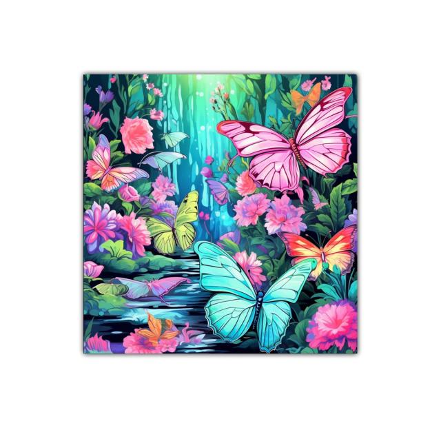 Cuadro decorativo de mariposas y flores coloridas en bosque mágico
