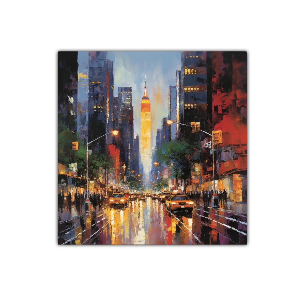 Atardecer urbano en ciudad iluminada con taxis y rascacielos — imagen principal