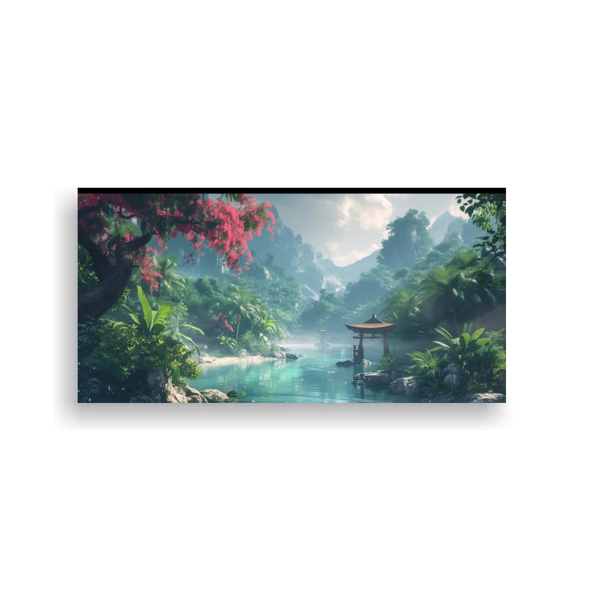 Cuadro paisaje tropical con lago y pabellón oriental