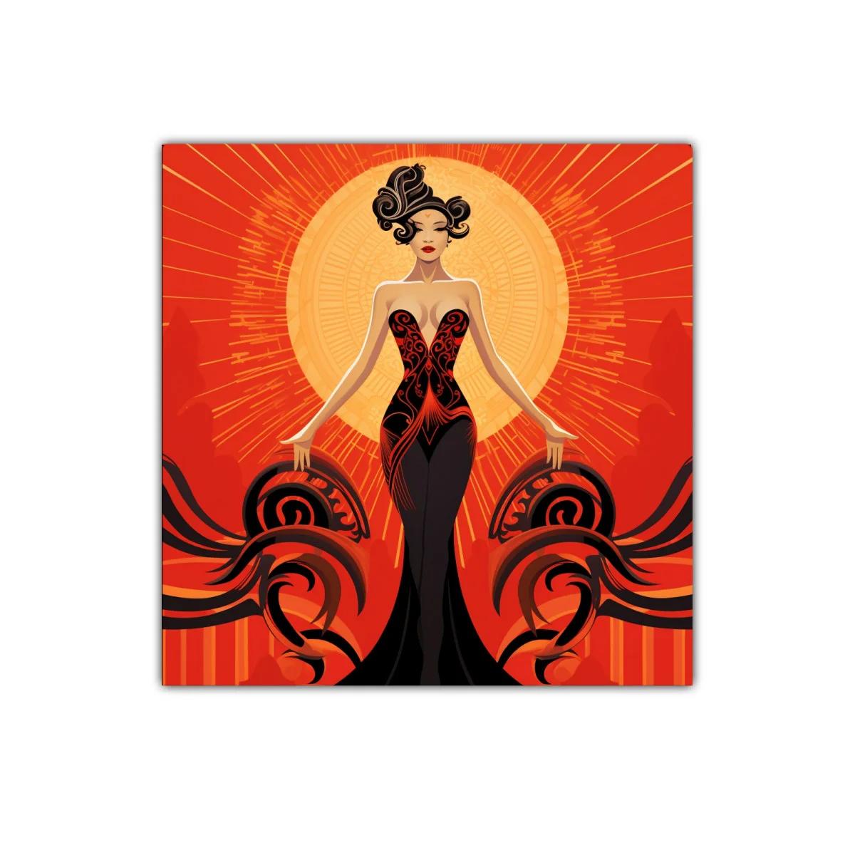 Figura femenina en vestido elegante con fondo solar vibrante — imagen principal